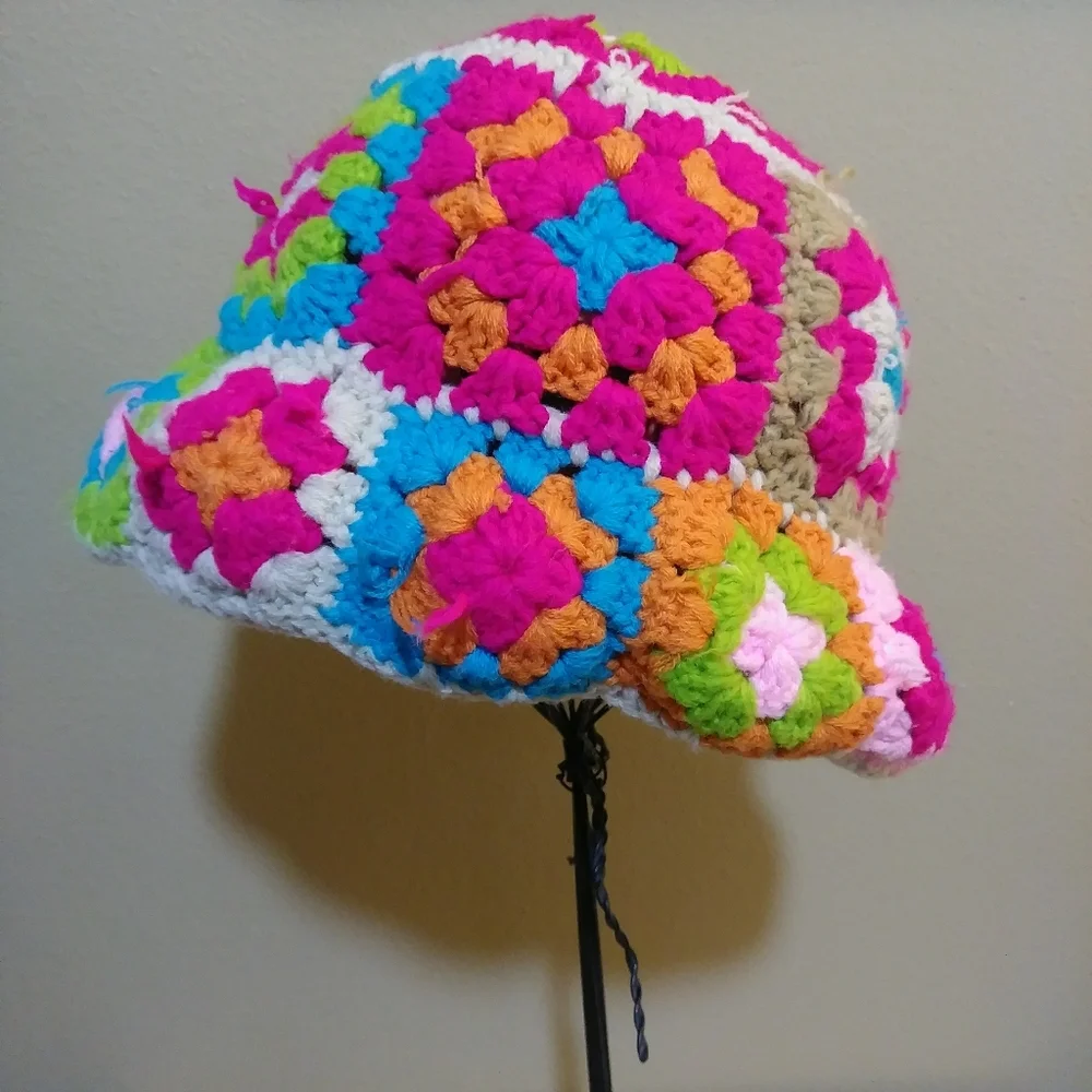 Granny Square Colorful Crochet Bucket Hat Handmade